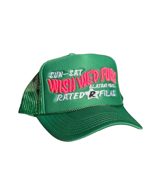 Summer green Trucker with white embroidery and hot-pink puff embroidery