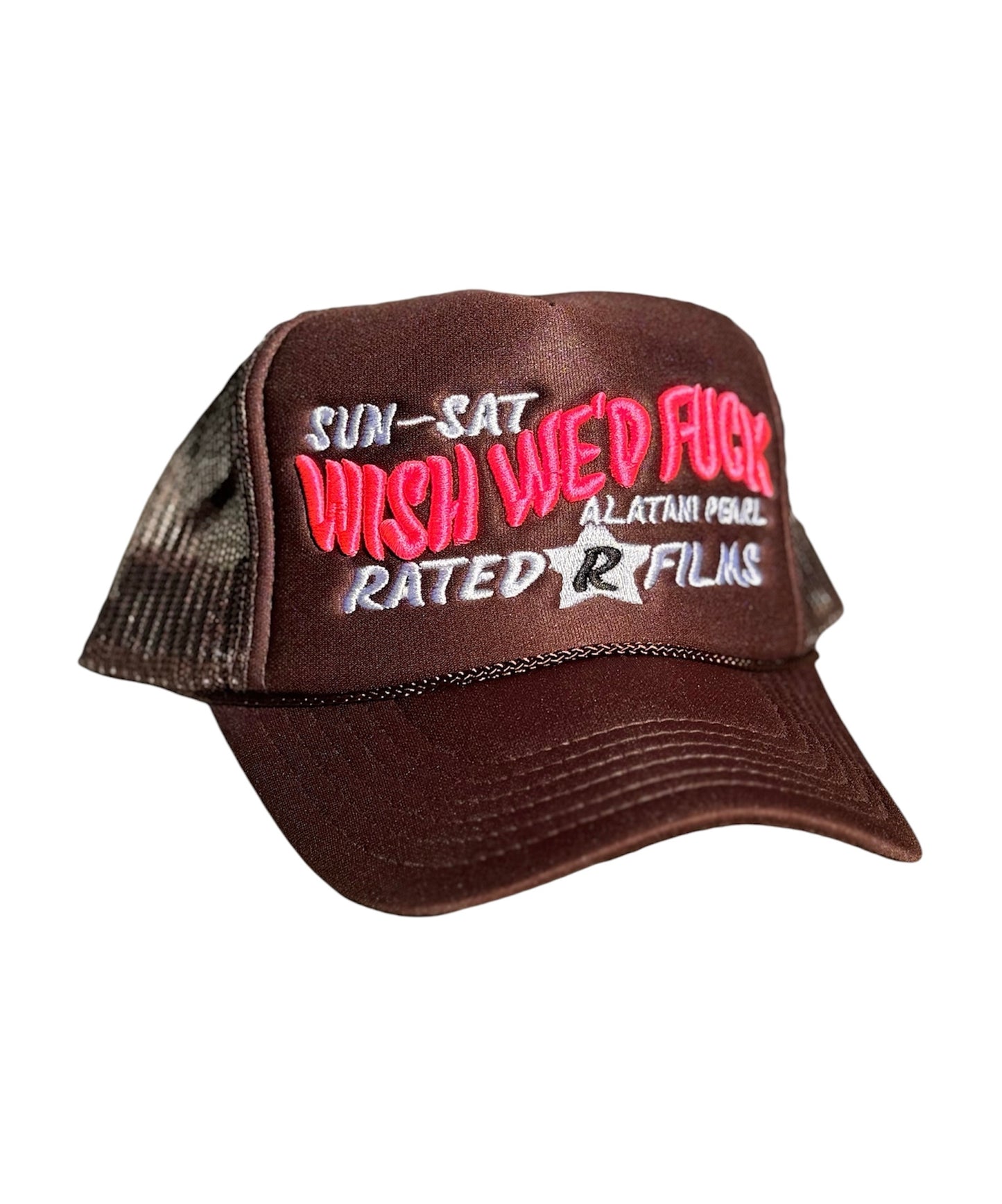 Sunset brown trucker with white embroidery and hot-pink puff embroidery
